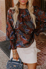 Load image into Gallery viewer, Brown Autumn Floral Print Smocked Cuffs Shift Blouse
