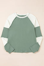 Load image into Gallery viewer, Mint Green Ribbed Colorblock Patchwork Raglan Long Sleeve Top
