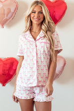 Load image into Gallery viewer, Pink Bowknot Printed Short Sleeve and Ruffled Shorts Pajama Set
