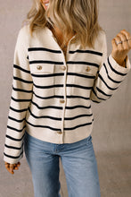 Load image into Gallery viewer, Black Stripe Flap Pocket Buttoned Cardigan Sweater
