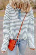 Load image into Gallery viewer, Sky Blue Stripe Textured Frilly Trim Buttons Henley Long Sleeve Top
