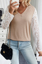Load image into Gallery viewer, Oatmeal V Neck Contrast Lace Patchwork Long Sleeve Top
