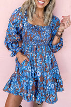 Load image into Gallery viewer, Blue Smocked Bodice High Waist Ruffled Sleeve Floral Dress
