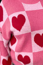 Load image into Gallery viewer, Pink Love Heart Checkered Valentine Crew Neck Sweater
