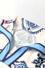 Load image into Gallery viewer, Blue Ethnic Print Striped Split Neck Long Sleeve Flowy Mini Dress
