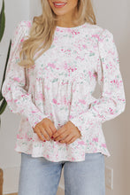 Load image into Gallery viewer, Pink Floral Print Shirred Balloon Sleeve Keyhole Back Babydoll Blouse
