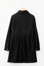 Load image into Gallery viewer, Black Corduroy Half Button Collared Long Sleeve Mini Dress

