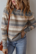 Load image into Gallery viewer, Gray Stripe Color Block Ribbed Edge Round Neck Sweater
