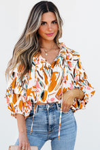Load image into Gallery viewer, Yellow Abstract Print Drawstring Frilled V Neck 3/4 Sleeve Blouse
