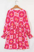 Load image into Gallery viewer, Strawberry Pink Geometric Print Smocked Long Sleeve Mini Dress
