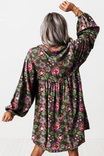 Load image into Gallery viewer, Green Floral Print Split Neck Bubble Sleeve Shift Mini Dress
