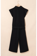 Load image into Gallery viewer, Black Textured Ruffled Sleeve Zipped Top and Wide Leg Pants Set
