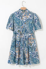 Load image into Gallery viewer, Blue Bohemian Paisley Floral V Neck Short Sleeve Mini Dress

