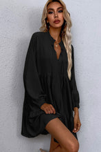 Load image into Gallery viewer, Black Tie Split Neck Smocked Detail Long Puff Sleeve Ruffle Hem Loose Dress
