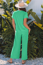 Load image into Gallery viewer, Bright Green Solid Corded Knit Short Sleeve T Shirt and Wide Leg Pants Set
