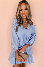 Load image into Gallery viewer, Beau Blue Puff Sleeve V Neck Tiered Ruffled Chambray Mini Dress
