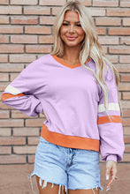 Load image into Gallery viewer, Orchid Bouquet Contrast Rib Knit Patchwork Drop Shoulder V Neck Sweatshirt
