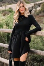 Load image into Gallery viewer, Black Frilled Neck Ribbed Knit Patchwork Long Sleeve Mini Dress
