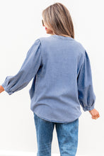Load image into Gallery viewer, Myosotis Denim Front Pintuck Bow Tie Puff Sleeve Top
