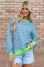 Load image into Gallery viewer, Sky Blue Stripe Contrast Trim High Low Pullover Tunic Sweatshirt
