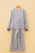 Load image into Gallery viewer, Gray V Neck Leopard Long Sleeve Top Striped Webbing Patchwork Drawstring Pant Set
