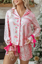 Load image into Gallery viewer, Pink Mixed Floral Print Contrast Piping Trim Satin Tie 2pcs Pajama Set

