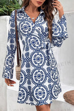 Load image into Gallery viewer, Blue Floral Print V Neck Wrapped Knot Long Sleeve Dress
