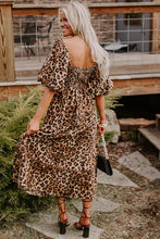 Load image into Gallery viewer, Brown Leopard Print Bubble Sleeve Square Neck Maxi Dress
