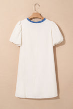 Load image into Gallery viewer, Beige Stripe Seersucker Contrast Round Neck Puff Sleeve T Shirt Dress
