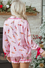 Load image into Gallery viewer, Pink Nutcracker Print Contrast Trim Tied up Bow Silky 2pcs Pajama Set
