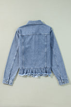 Load image into Gallery viewer, Beau Blue Ruffle Raw Hem Flap Pockets Denim Jacket

