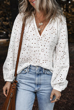 Load image into Gallery viewer, White Eyelet Embroidered Puff Sleeve V Neck Blouse
