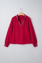 Load image into Gallery viewer, Racing Red Leopard Jacquard Print V Neck Textured Blouse
