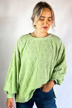Load image into Gallery viewer, Light Green Solid Color Textured Side Split Crew Neck Blouse
