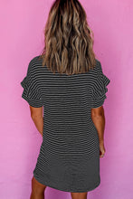 Load image into Gallery viewer, Black Stripe Ruffled Short Sleeve Crew Neck T Shirt Shift Mini Dress
