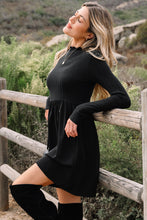Load image into Gallery viewer, Black Frilled Neck Ribbed Knit Patchwork Long Sleeve Mini Dress
