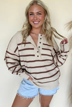 Load image into Gallery viewer, Brown Stripe Ribbed Henley Drop Shoulder Slouchy Sweater
