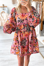 Load image into Gallery viewer, Pink Bohemian Square Neck Puff Sleeve Mini Dress
