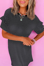 Load image into Gallery viewer, Black Stripe Ruffled Short Sleeve Crew Neck T Shirt Shift Mini Dress
