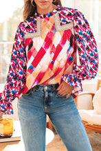 Load image into Gallery viewer, Rose Red Abstract Geometric Pattern Patchwork Puff Sleeve Blouse
