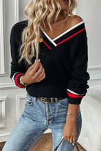 Load image into Gallery viewer, Black Contrast Striped Trim V Neck Drop Shoulder Sweater
