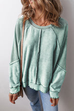 Load image into Gallery viewer, Mineral Blue Waffle Knit Patchwork Exposed Seam Raglan Sweatshirt
