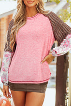 Load image into Gallery viewer, Fushia Mixed Print Raglan Sleeve Ribbed Knit Patchwork Blouse
