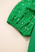 Load image into Gallery viewer, Bright Green Ribbed Pearl Beaded Puff Sleeve Top
