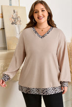 Load image into Gallery viewer, Parchment Leopard Patchwork V Neck Long Sleeve Plus Size Top
