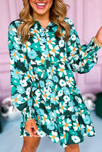 Load image into Gallery viewer, Green Floral Tiered Long Puff Sleeve Shirt Dress
