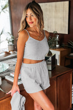 Load image into Gallery viewer, Light Grey 3 Pieces Rib Crop Camisole Matching Shorts Lounge Set with Cardigan
