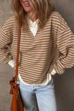Load image into Gallery viewer, Khaki Stripe Patched Edge Textured Round Neck Long Sleeve Top

