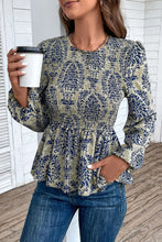 Load image into Gallery viewer, Sky Blue Boho Printed Balloon Sleeve Smocked Peplum Blouse
