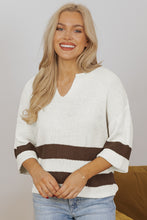 Load image into Gallery viewer, Brown Striped Accent Notched V Neck Cropped Sweater T Shirt
